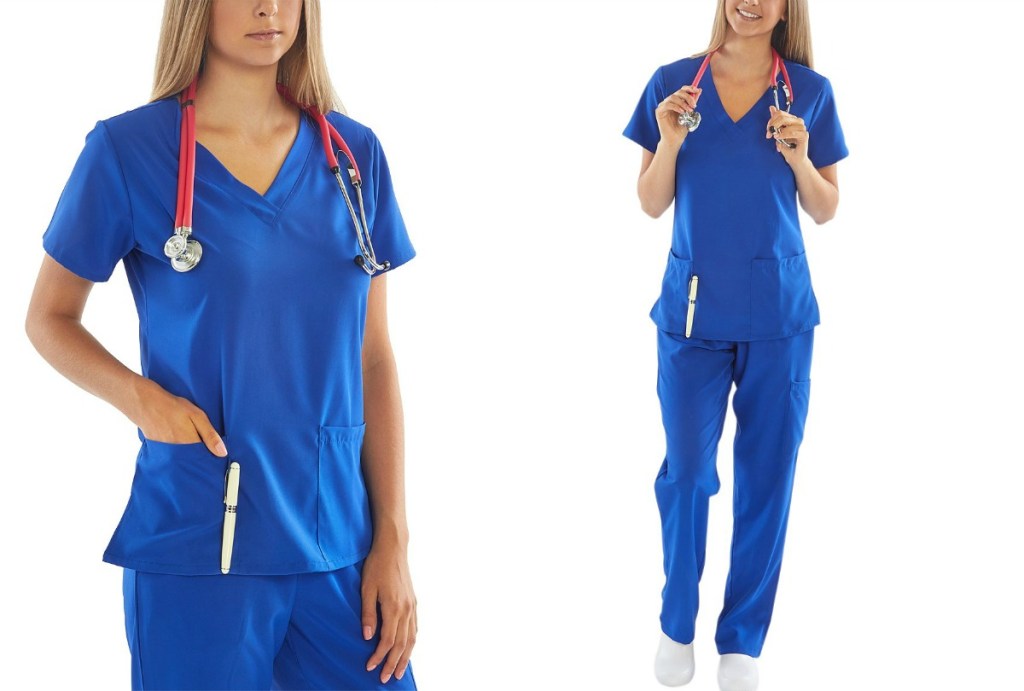 woman wearing Plain blue scrubs from Zulily