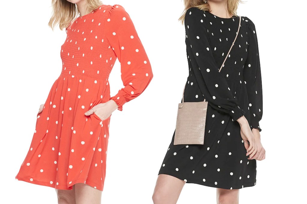 two women modeling polka dot long-sleeve dresses in red and black colors