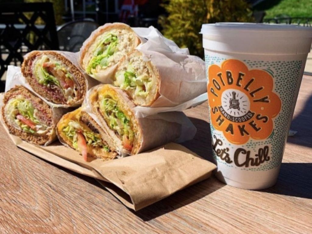 Potbelly Sandwiches stacked with drink next to it