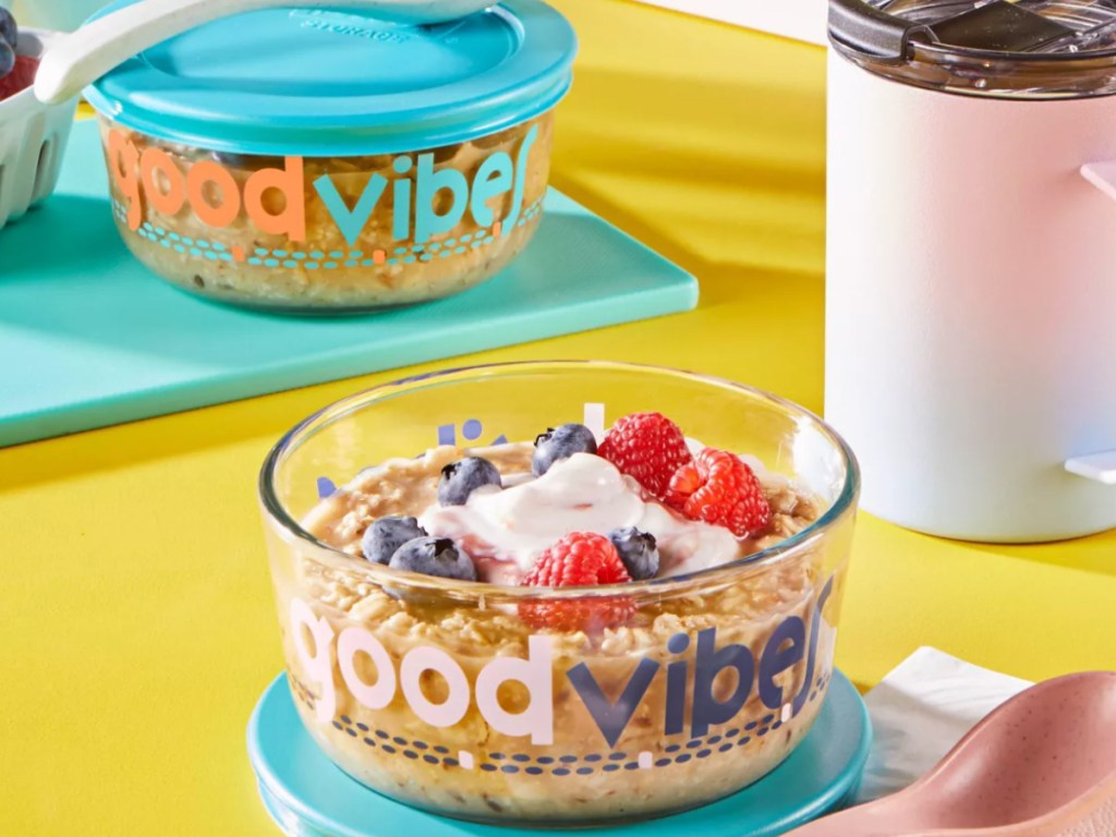 Good Vibes Glass Pyrex Dishes with lids holding cereal