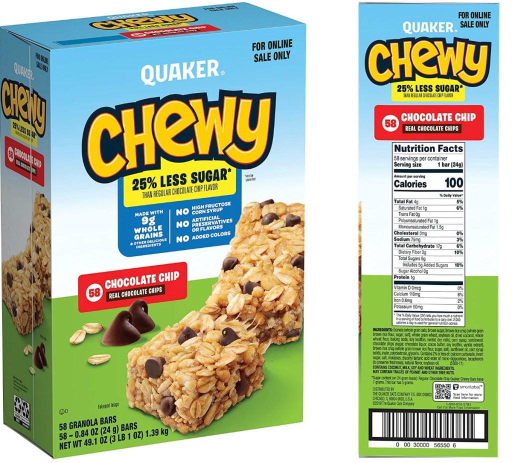Front and side view of a large box of kids granola bars