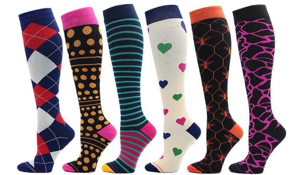 variety of compression socks in fun prints