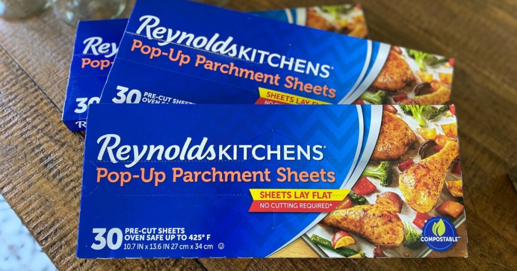 Reynolds Kitchen Parchment Sheets boxes on pantry counter