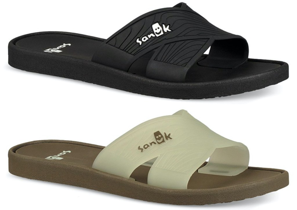 women's black slide and women's clear and tan slide