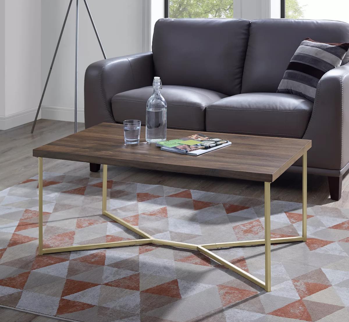 Saracina Home Glam Mid Century Modern Y Leg Rectangle Coffee Table - Dark Walnut/Gold in living room