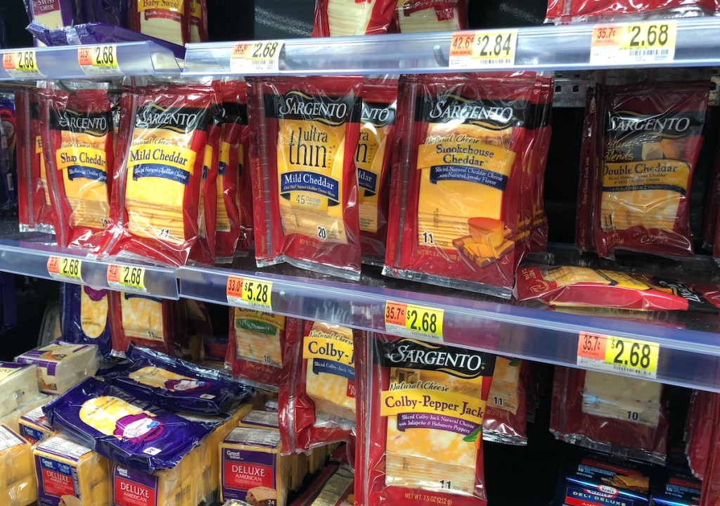 cheese slices in cooler display at Walmart