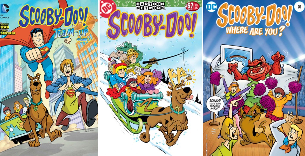 three covers of Scooby-Doo themed comic books