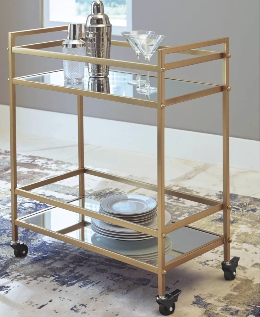 Signature Design by Ashley Kailman Bar Cart Gold Finish in home