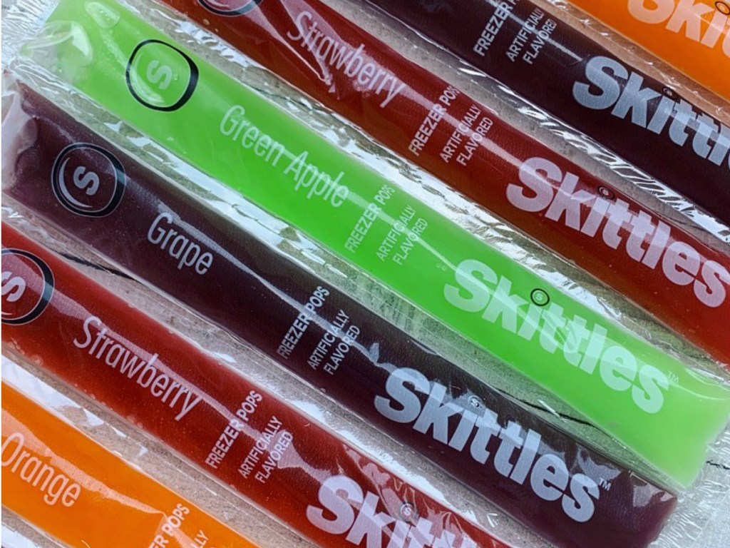 Skittles freezer pops laying on counter