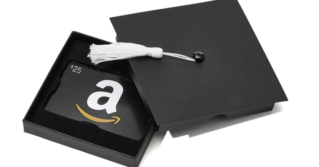 Amazon gift card sitting inside a graduation cap box