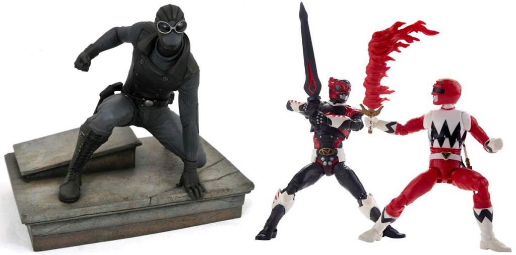 all black spider-man figurine and red power ranger figurine