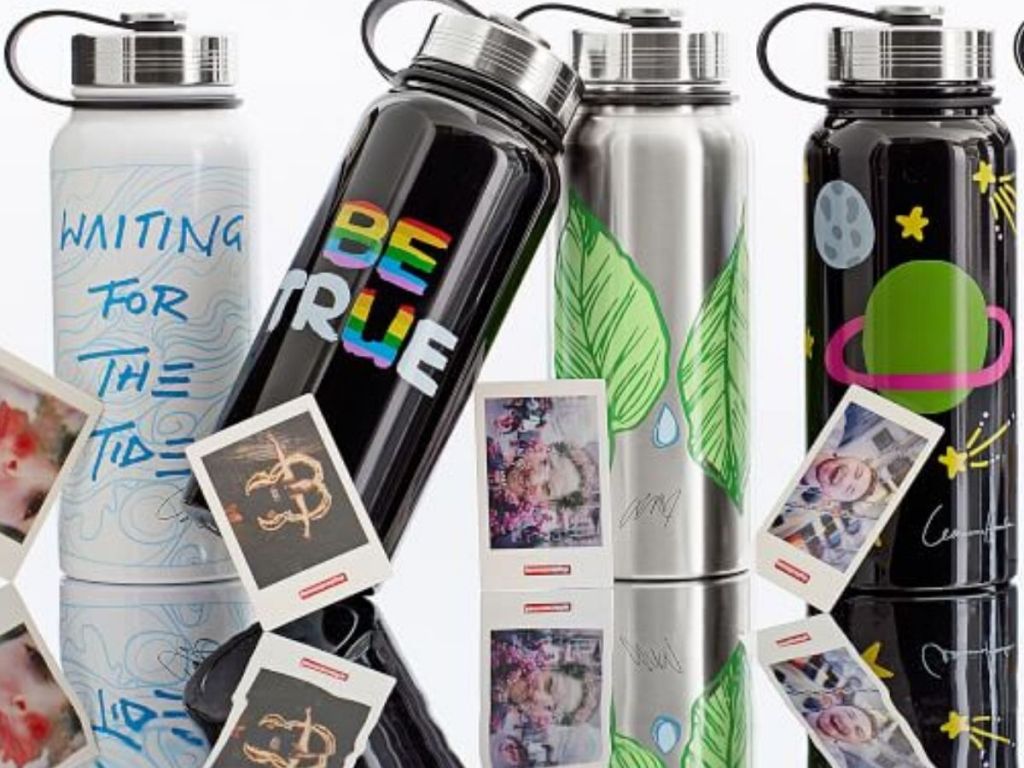 four water bottles and mini pics