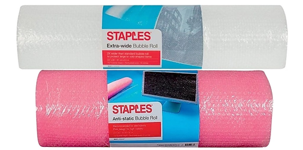 two rolls of staples brand bubble wrap, one clear and extra wide width, and one pink and antistatic