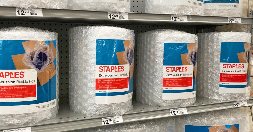 store display shelf of staples brand bubble wrap rolls