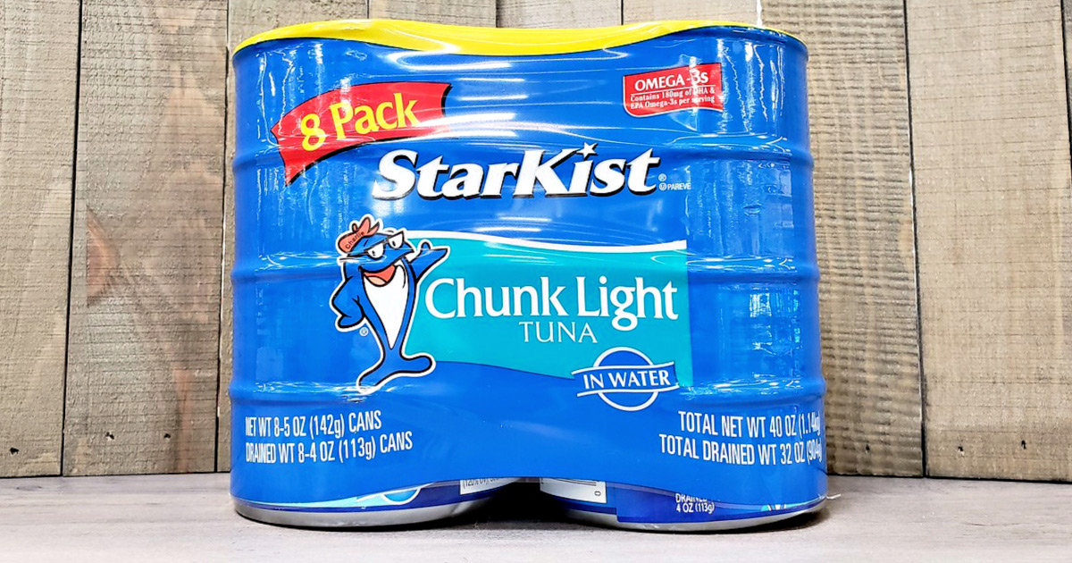 blue 8-pack package of starkist chunk light tuna cans
