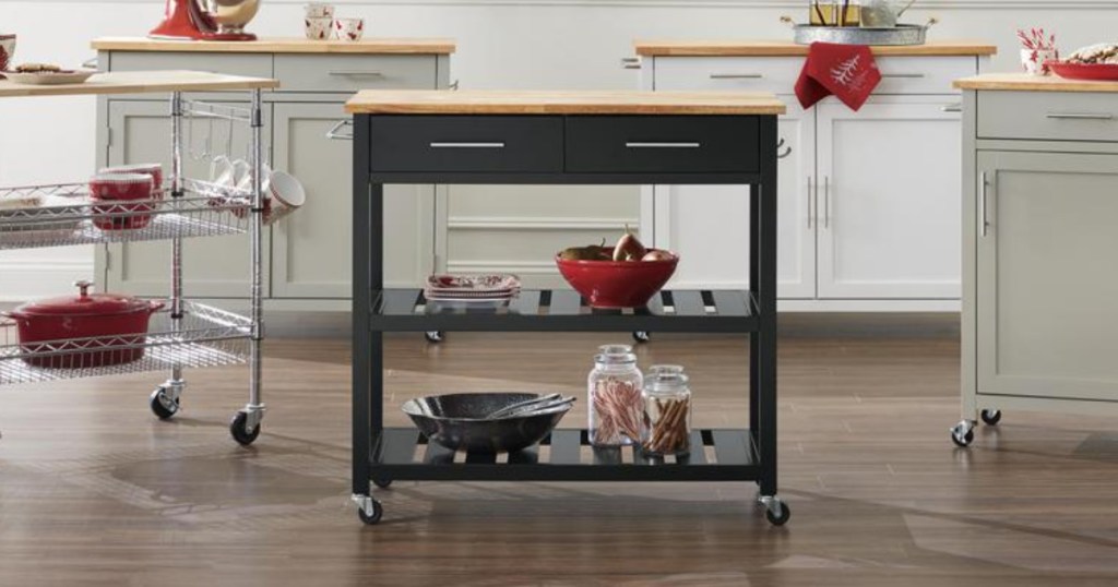black rolling cart and white rolling carts in kitchen