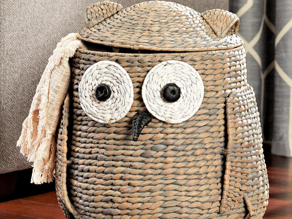 StyleWell Grey and Brown Owl Water Hyacinth Woven Decorative Basket with Lid