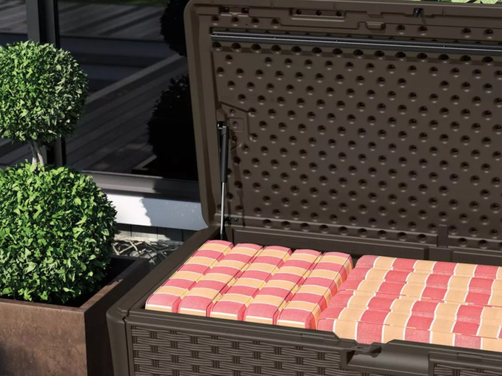 large brown deck box with pink cushions inside