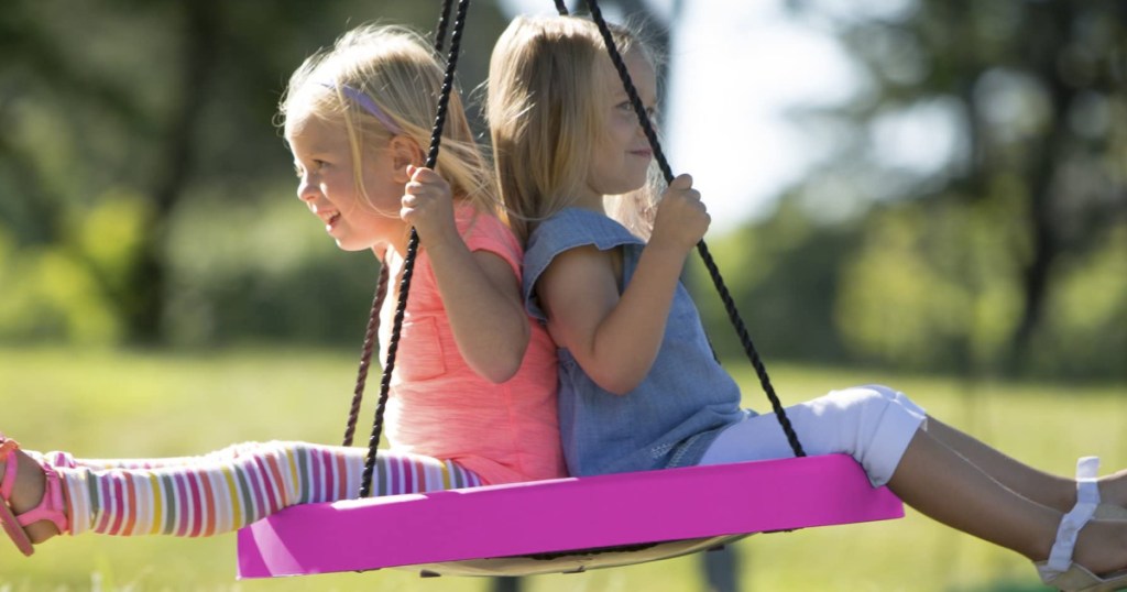 two little girls sitting on a pink round swing swinging