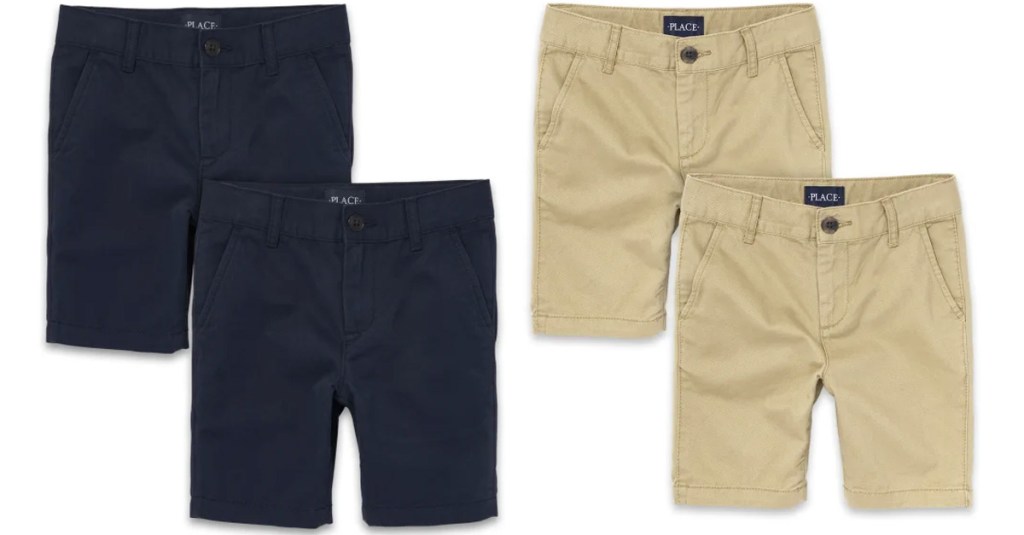 two 2-packs of boys uniform chino shorts in black and khaki colors