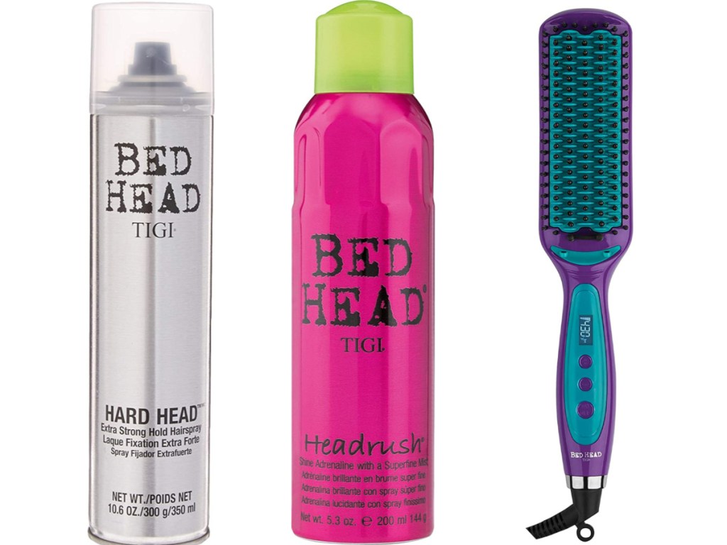 TIGI Hair Products lined up next to each other with a brush