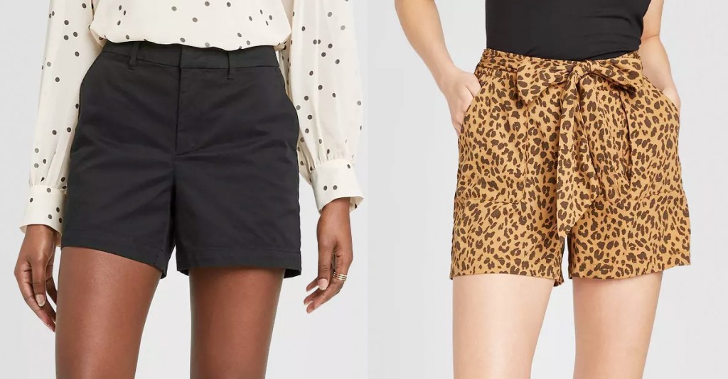 models showing pair of black shorts and leopard print shorts