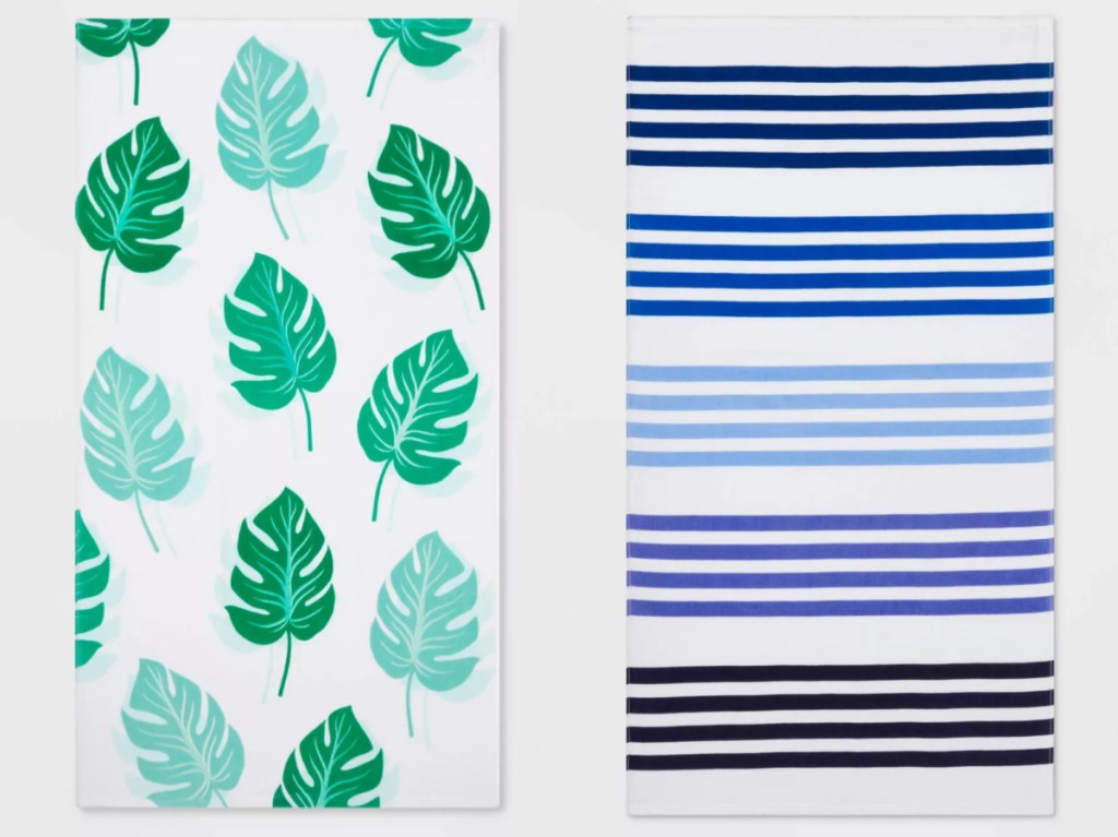 palm leaf beach towel and blue striped beach towel