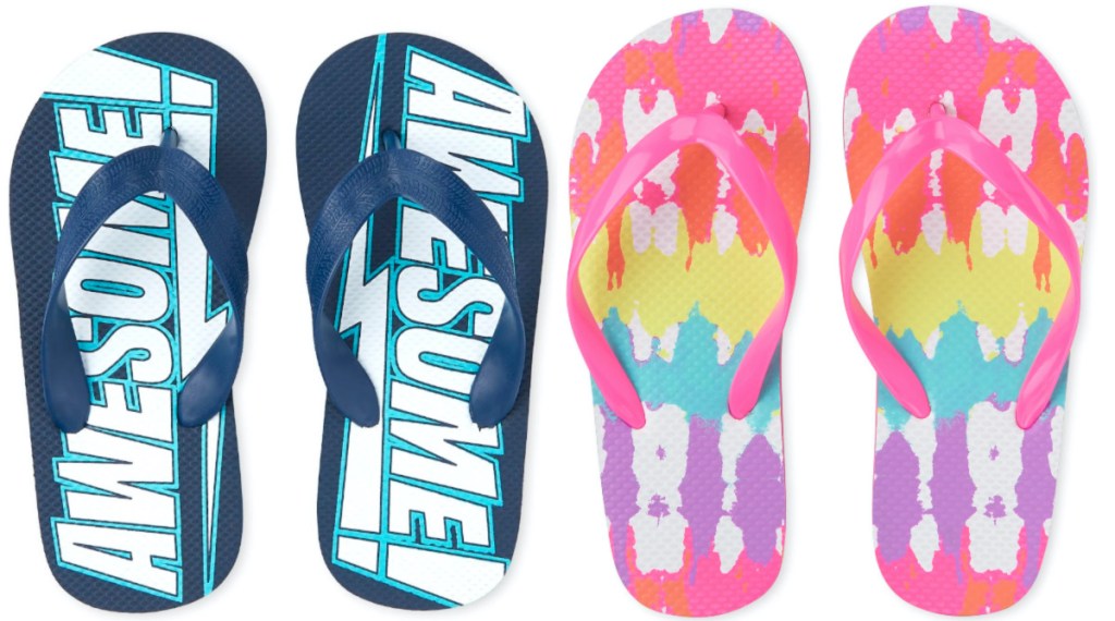 boys blue "Awesome" flip flops and girls colorful, bright tie-dye flip flops