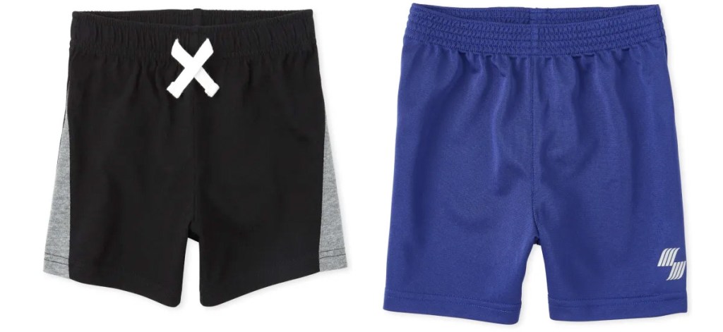 pair of boys black shorts with white drawstring and blue elastic band shorts