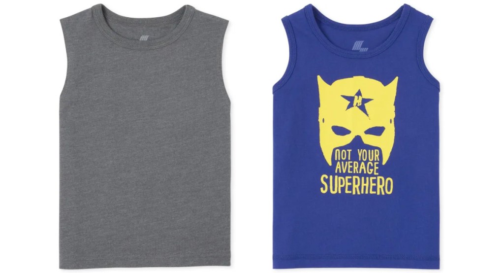 solid grey toddler boy tank top and blue and yellow super hero graphic tank top