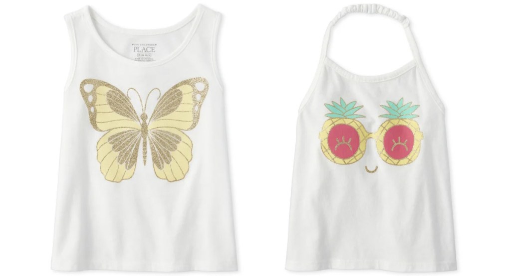 gold glitter butterfly and pineapple smiley face toddler girls tank tops