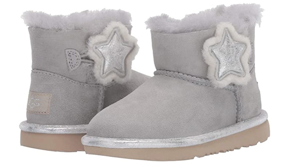 girls short grey ugg boots with star shaped button on side