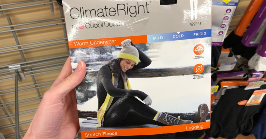 climaeright by cuddl duds leggings in hand at store