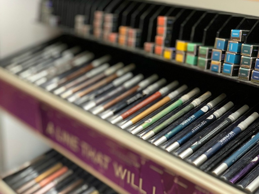 in store display of make up pencils