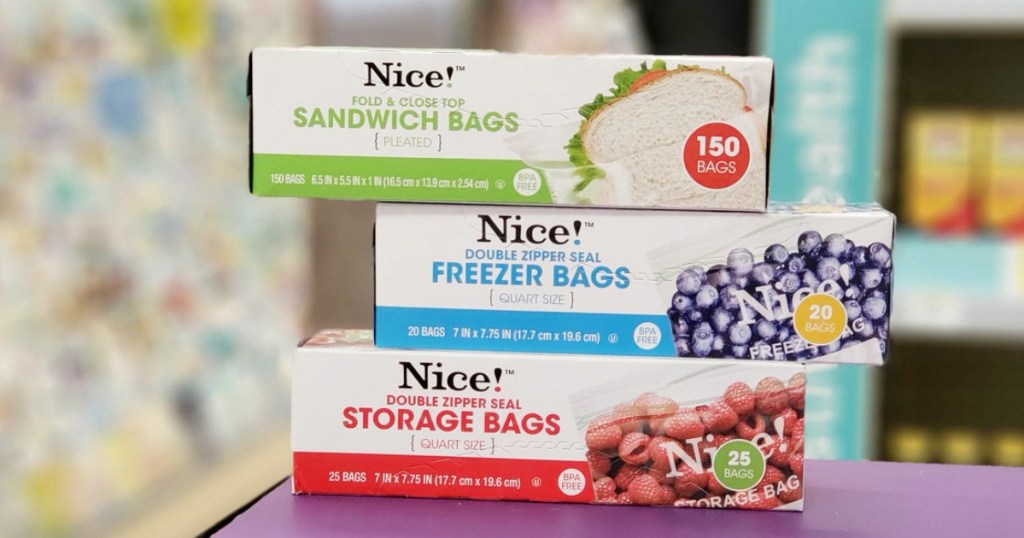 three boxes of Nice! brand food storage bags stacked on top of each other
