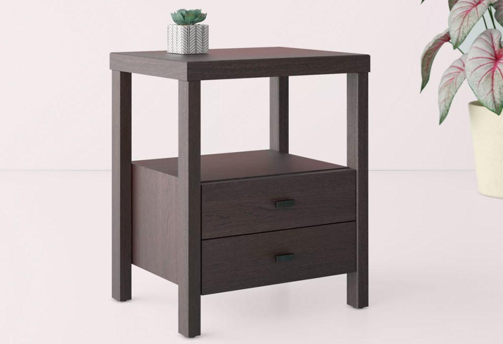 brown nightstand with two drawers at bottom and small succulent on top