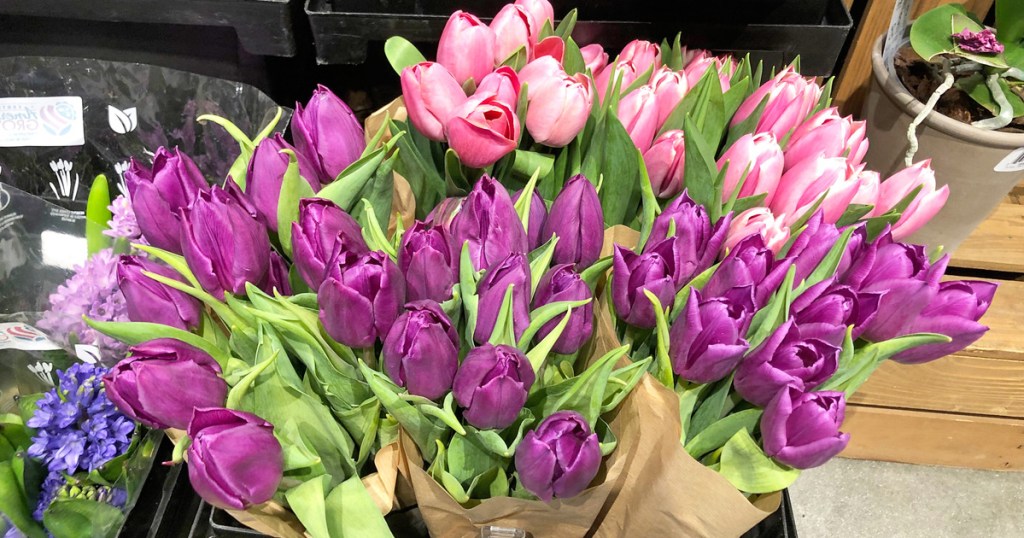 display of purple and pink tulips at grocery store