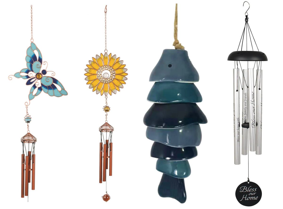 butterfly wind chime, sunflower wind chime, blue fish wind chime, and black "Bless our Home" wind chime