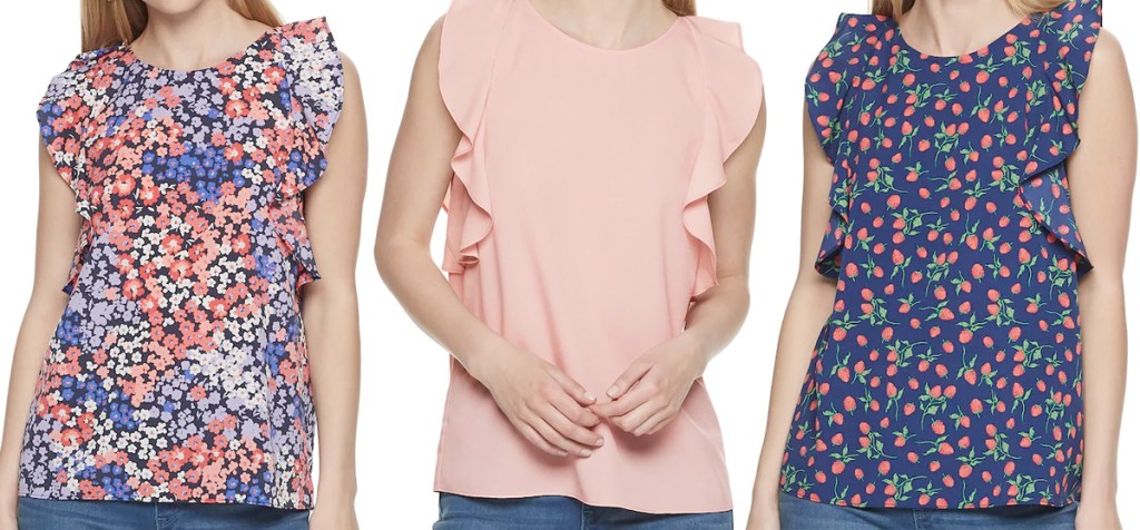 three women modeling tops with ruffle sleeve in floral and light pink colors