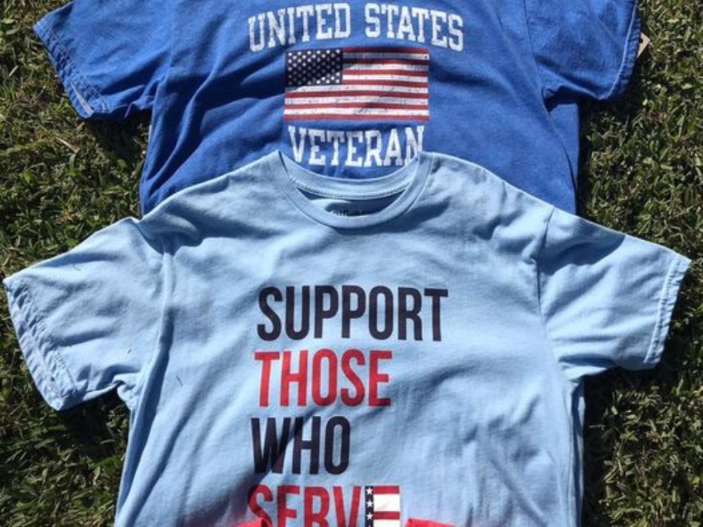 two blue T-shirts with patriotic sayings