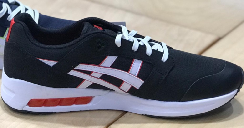 red white and black ASICS shoes