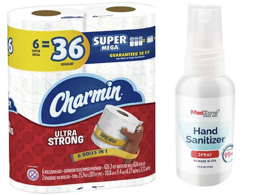 charmin toilet paper and hand sanitizer stock images