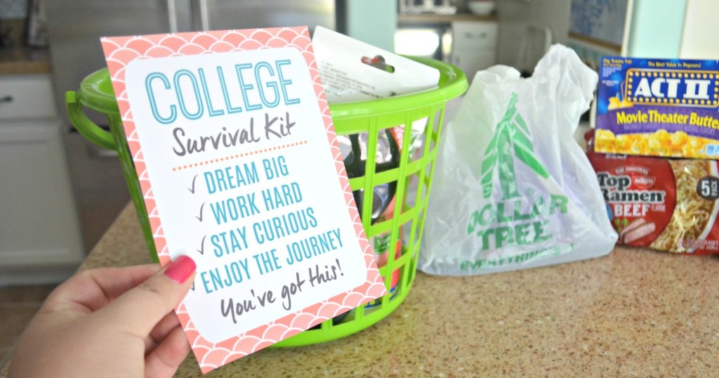 Hand holding card with college survival kit gift needed items