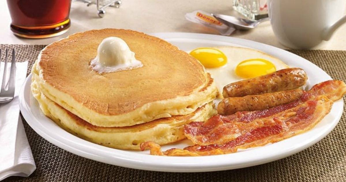 plate with pancakes bacon and eggs at ihop, one of the restaurants with birthday freebies and free birthday stuff