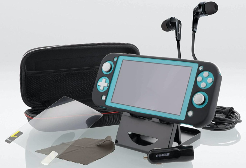 black handheld gaming console case with accessories