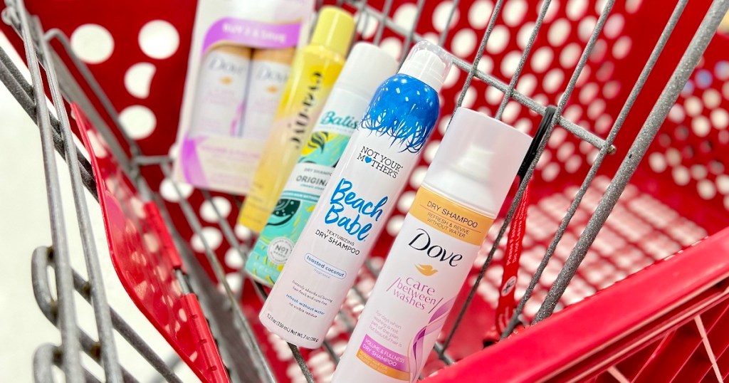 red target shopping cart filled with row of best dry shampoo bottles
