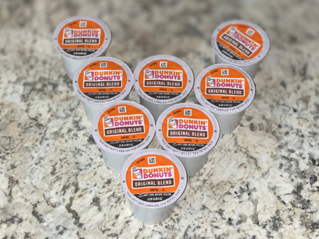 multiple dunkin donuts k cups on counter