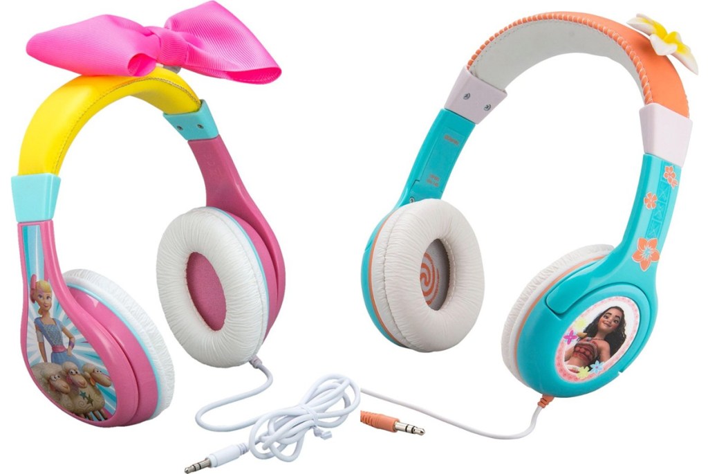 toy story bo peep themed headphones with pink bow on top and moana themed headphones with flower on top