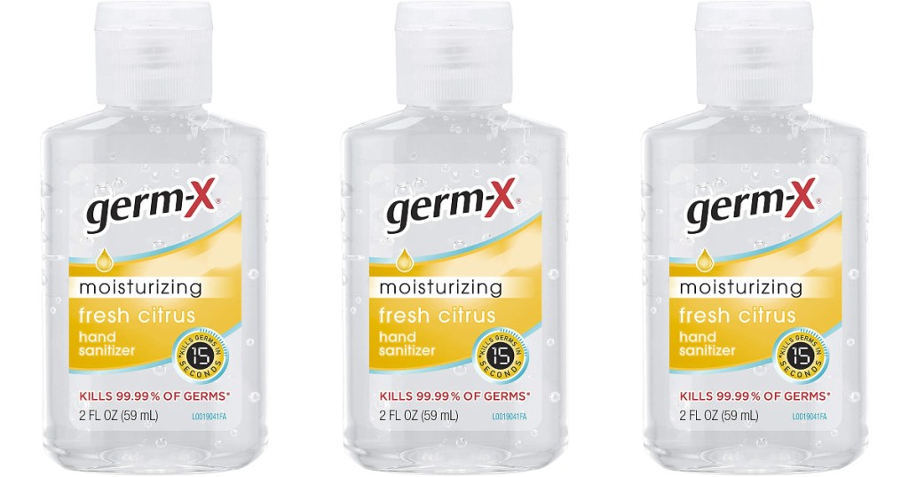 three bottles of Germ-X Hand Sanitizer Fresh Citrus 2 oz