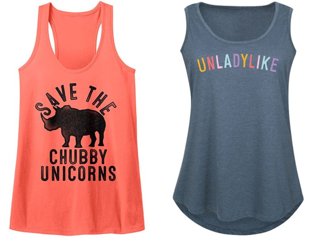 save the chubby unicorns coral tank and unladylike graphic blue tank